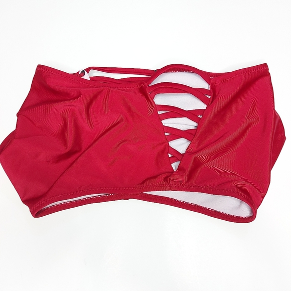 Red High Waited Bikini Bottom Criss Cross Sides - Picture 6 of 6